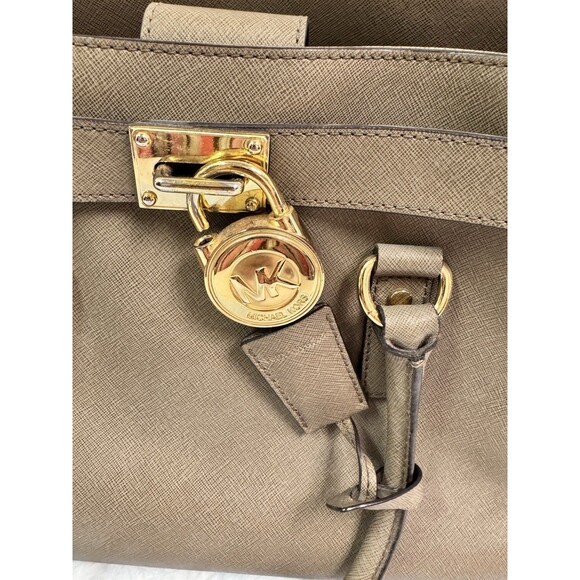 Michael Kors Hamilton Taupe Satchel Bag with Golden Chain Lock & Key - Picture 2 of 11